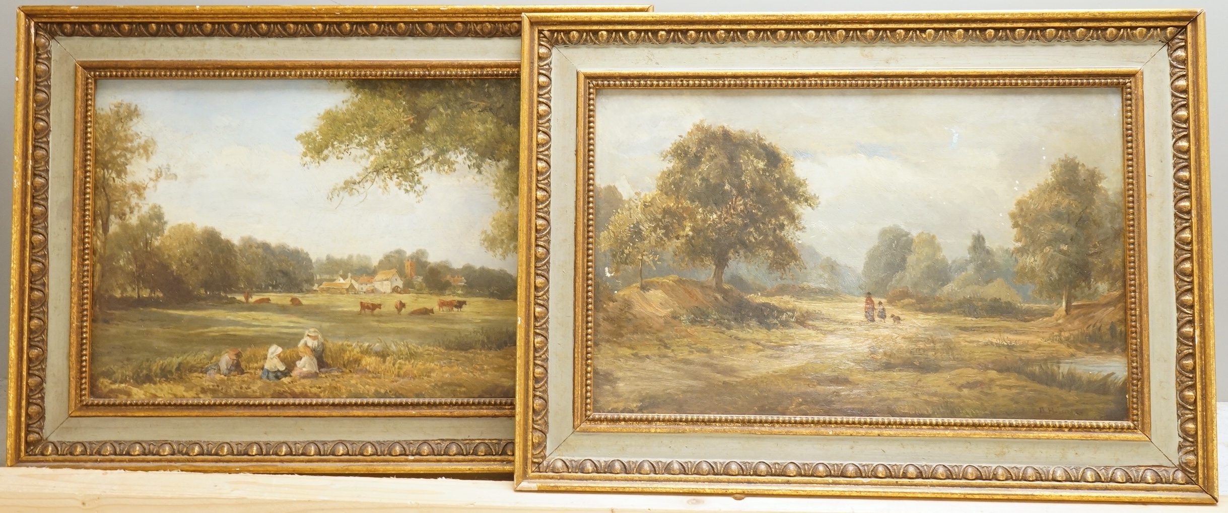 B. Holmes, Children in a meadow and riverscape, one signed, pair of oils on board, 19 x 29cm